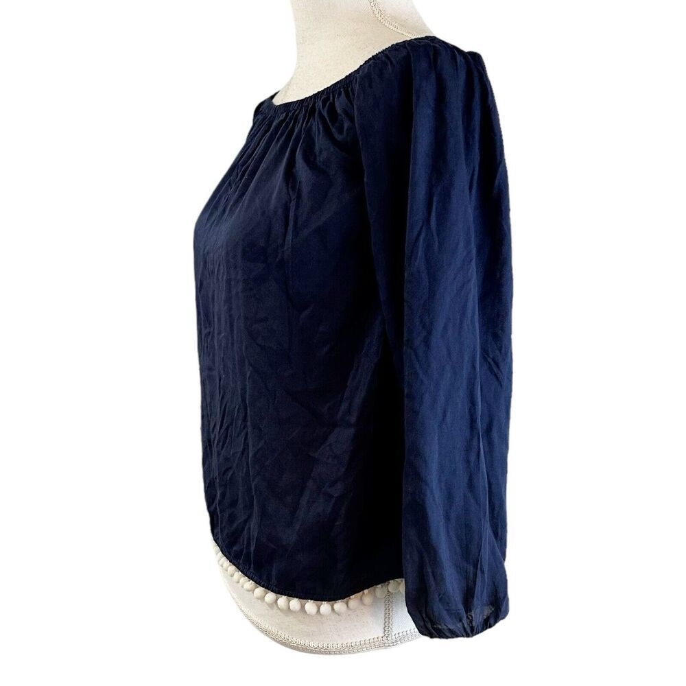 Lilly Pulitzer Womens Blouse Top Size XXS Off Shoulder Navy Pom Pom Hem Rayon - Picture 3 of 5